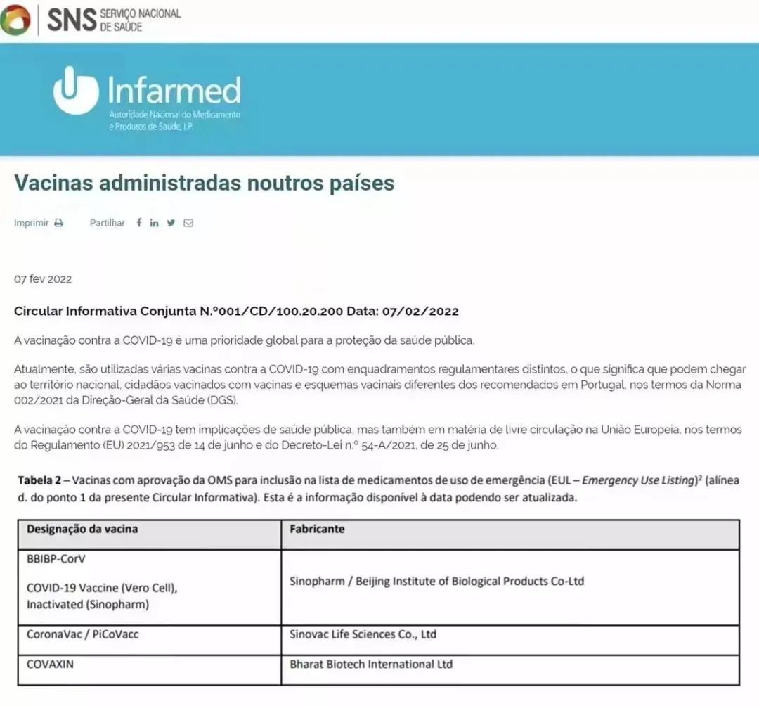 葡萄牙更新疫苗清单，宣布承认中国疫苗！