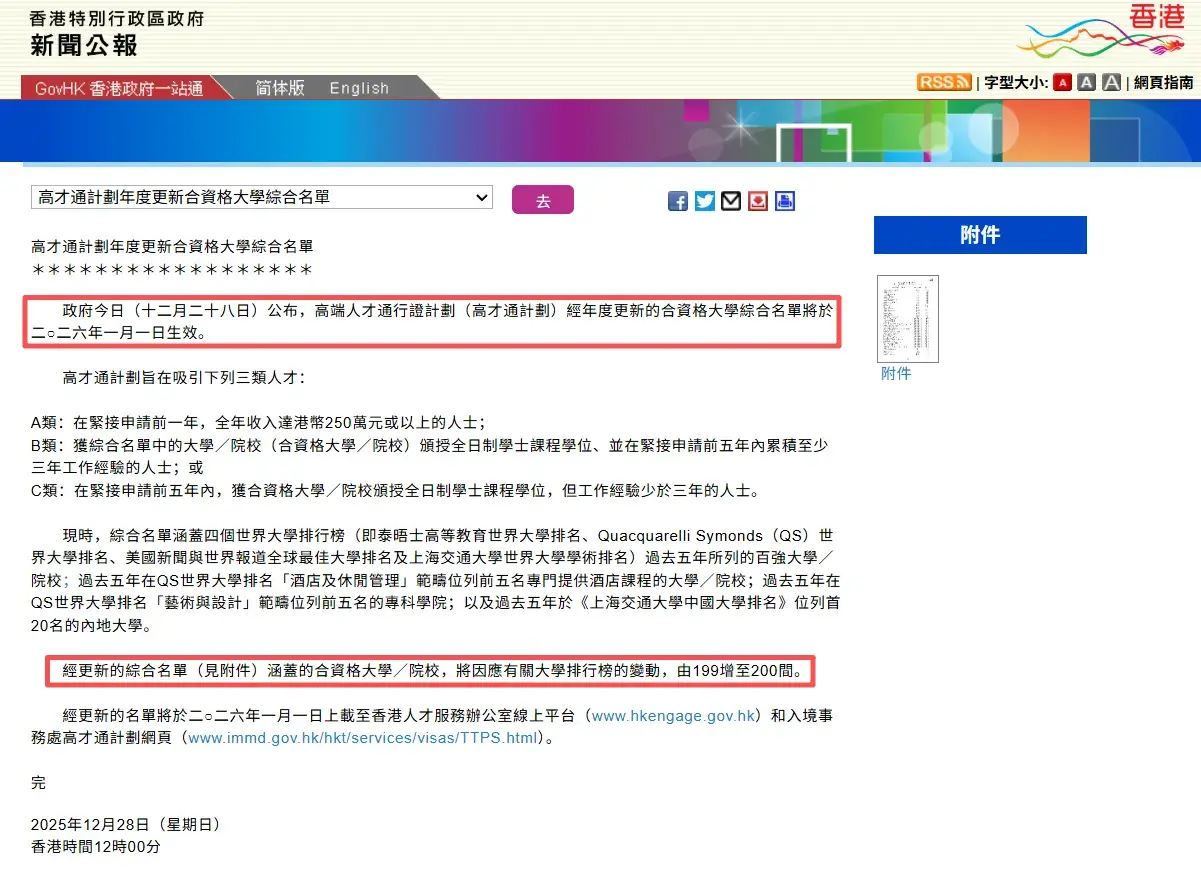香港高才计划合资格大学名单更新:5所新增,4所名校出局!